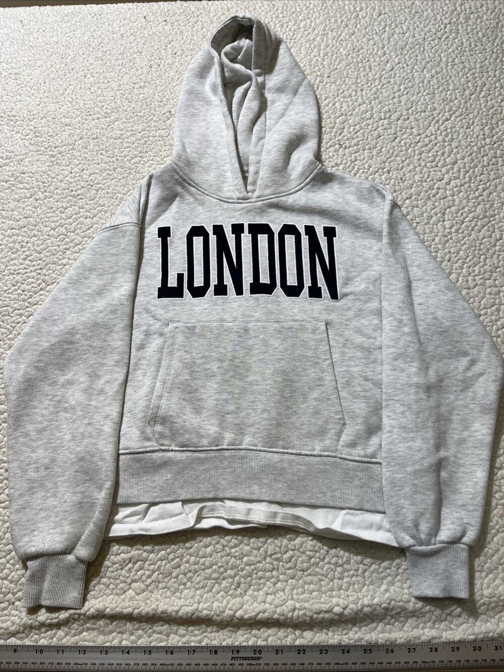 Zara Hoodie Kids 13-14 Gray London Graphic Layered Fleece Pullover Sweatshirt